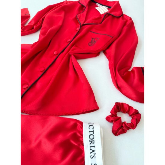Vs İpek Saten Taş Nakış Bel Lastik Kırmızı Pijama Takımı Vs İpek Saten Taş Nakış Bel Lastik Kırmızı Pijama Takımı
