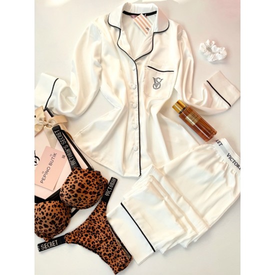 VS Beyaz İpek Saten Pijama & Leopar Sütyen Seti Kombini