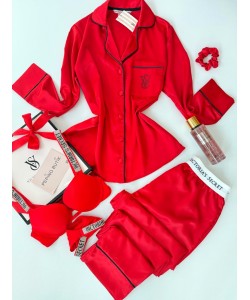 VS Kırmızı İpek Saten Pijama & Taşlı Sütyen Seti Kombini
