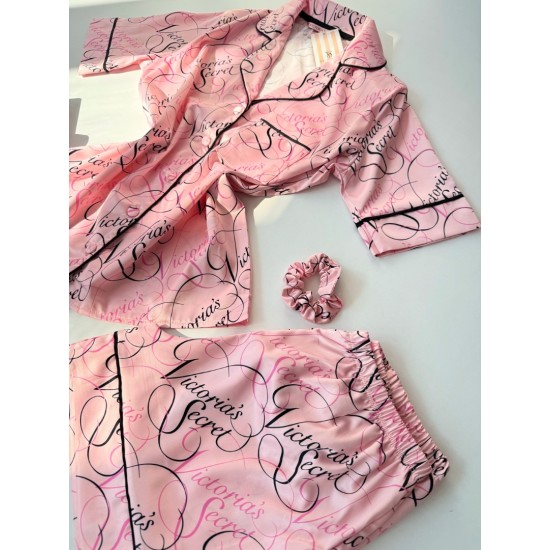 Pembe İpek Saten Desenli Şort Takım